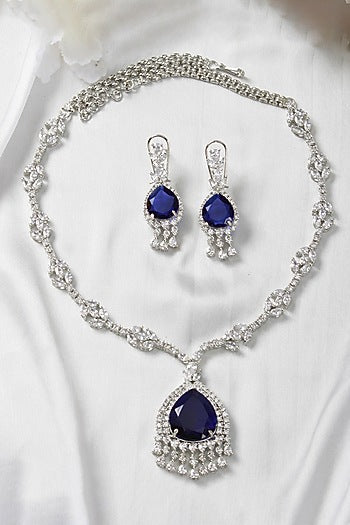 White Finish Zircon & Blue Stone Necklace Set