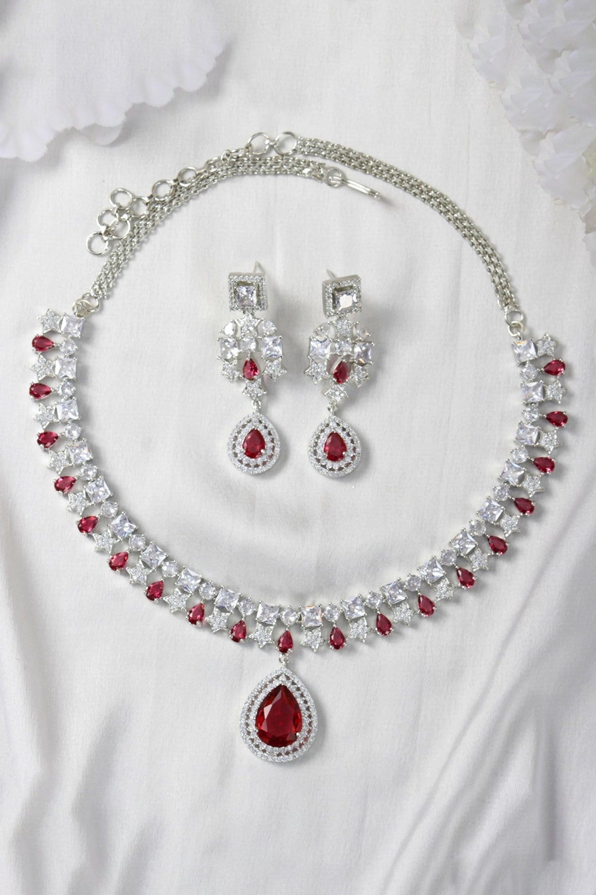 White Finish Zircon & Red Stone Necklace Set