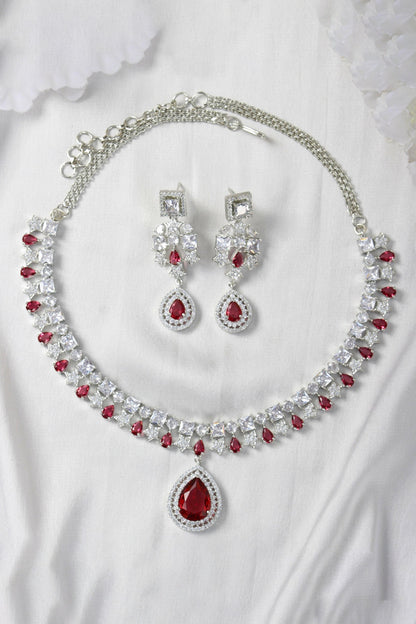 White Finish Zircon & Red Stone Necklace Set