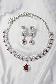 White Finish Zircon & Red Stone Necklace Set