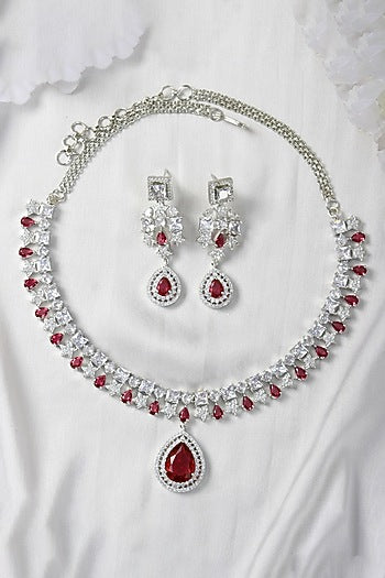 White Finish Zircon & Red Stone Necklace Set