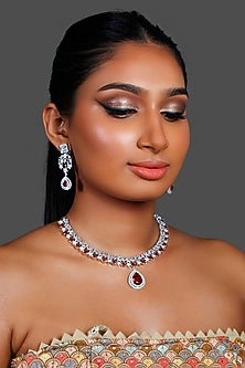 White Finish Zircon & Red Stone Necklace Set