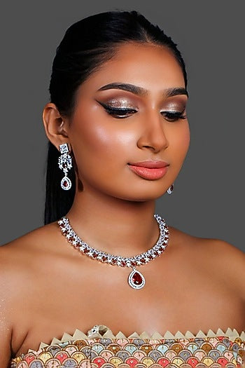 White Finish Zircon & Red Stone Necklace Set