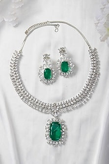 White Finish Zircon & Green Stone Necklace Set