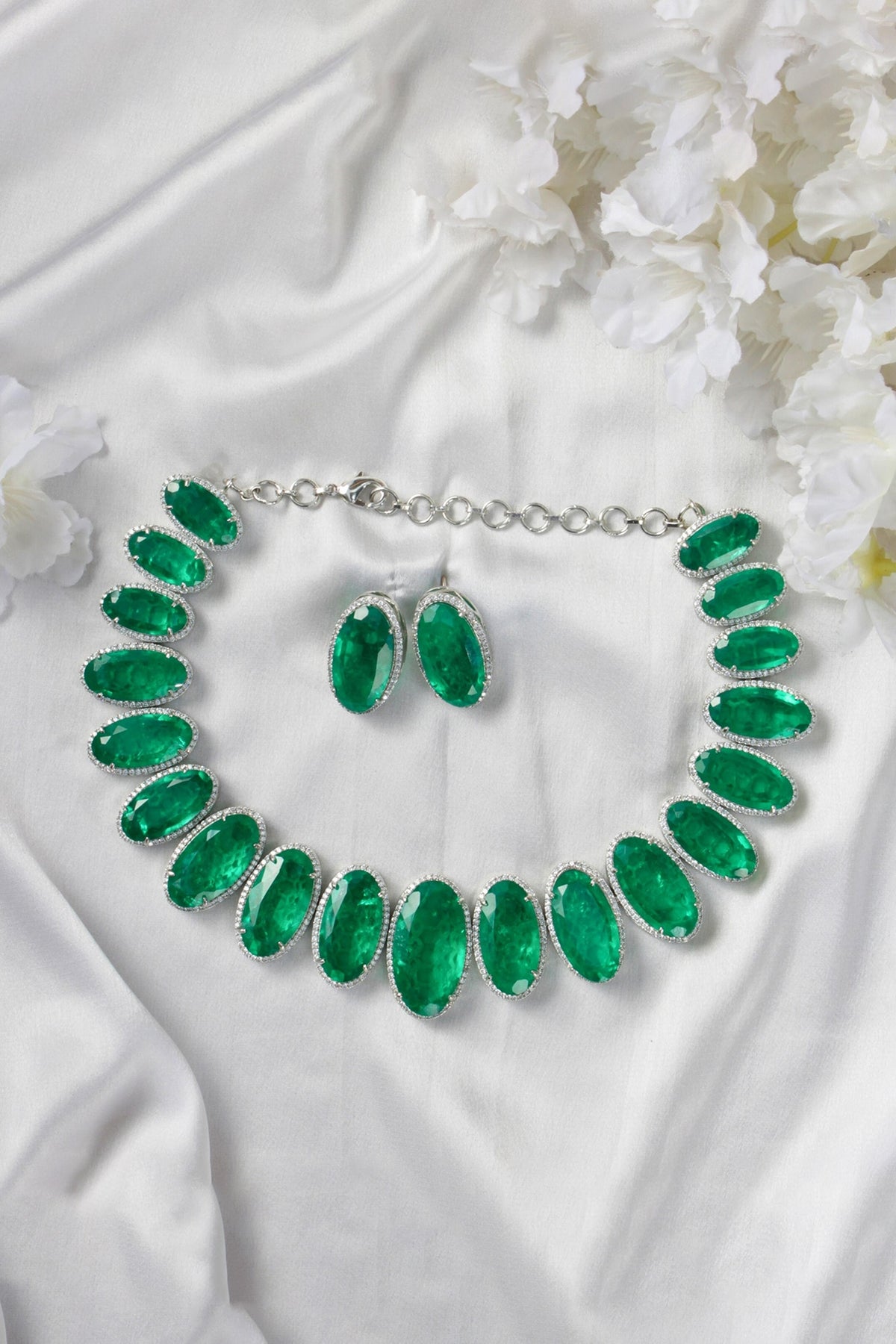 White Finish Emerald Necklace Set