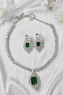 White Finish Zircon & Green Stone Necklace Set