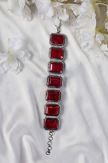 White Finish Red Stone Chunky Bracelet
