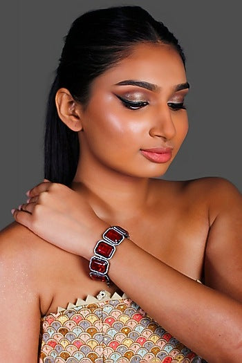 White Finish Red Stone Chunky Bracelet