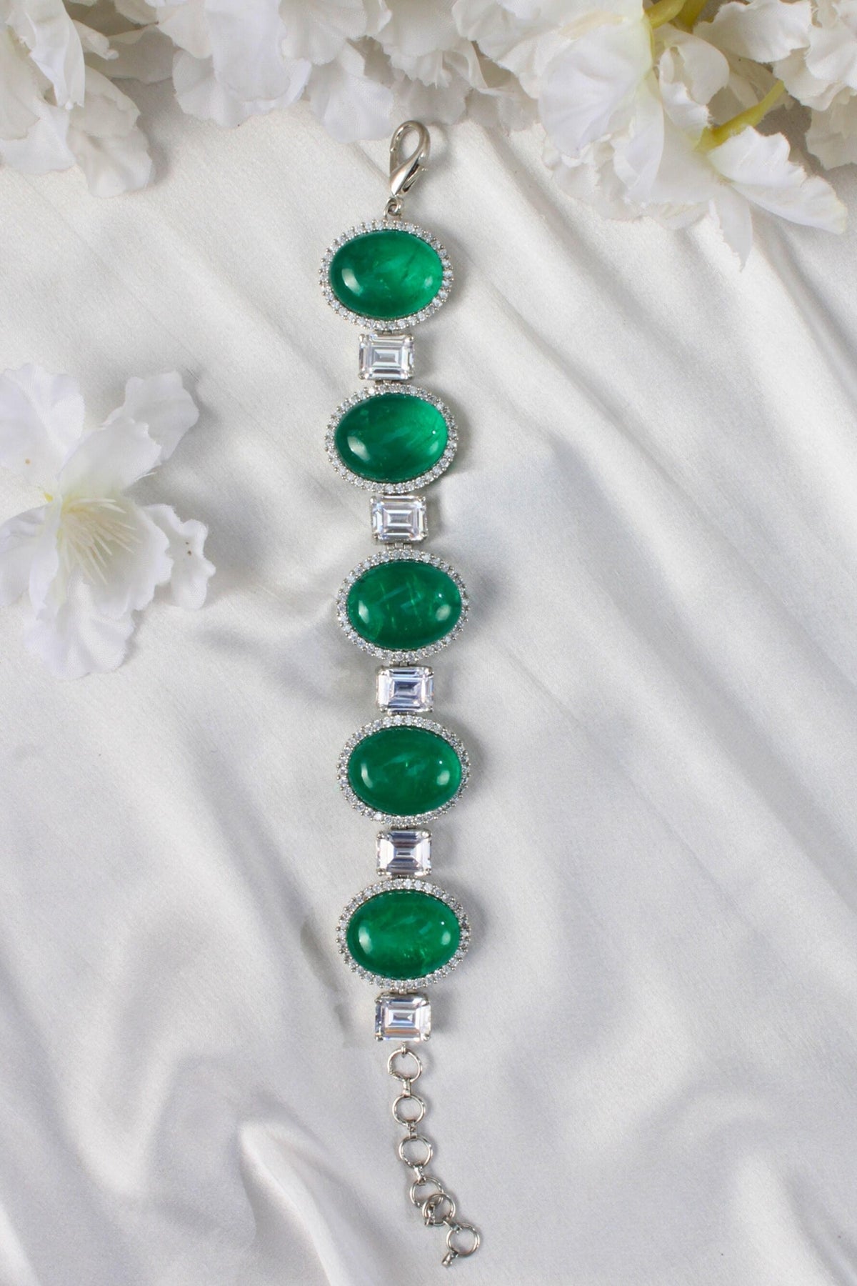 White Finish Green Stone Chunky Bracelet