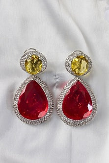 White Finish Red & Yellow Stone Dangler Earrings
