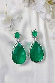 White Finish Green Stone Dangler Earrings