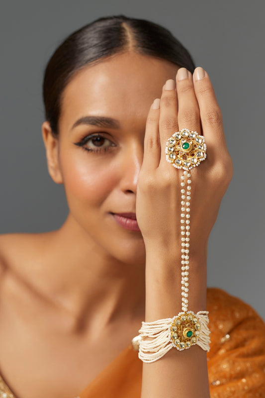 Gold Finish Green Kundan Polki & Pearl Hand Harness