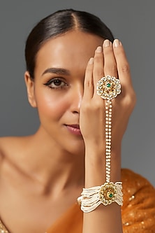 Gold Finish Green Kundan Polki & Pearl Hand Harness