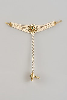 Gold Finish Green Kundan Polki & Pearl Hand Harness