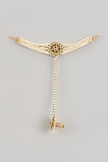 Gold Finish Pink Kundan Polki & Pearl Hand Harness