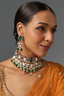 Antique Gold Finish Zircon & Jade Green Beaded Necklace Set