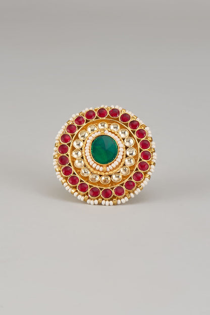 Gold Finish Kundan Polki Adjustable Ring