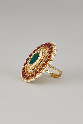 Gold Finish Kundan Polki Adjustable Ring