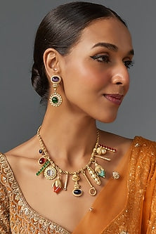Matte Gold Finish Zircon & Multi-Colored Stone Necklace Set