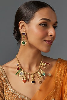 Matte Gold Finish Zircon & Multi-Colored Stone Necklace Set