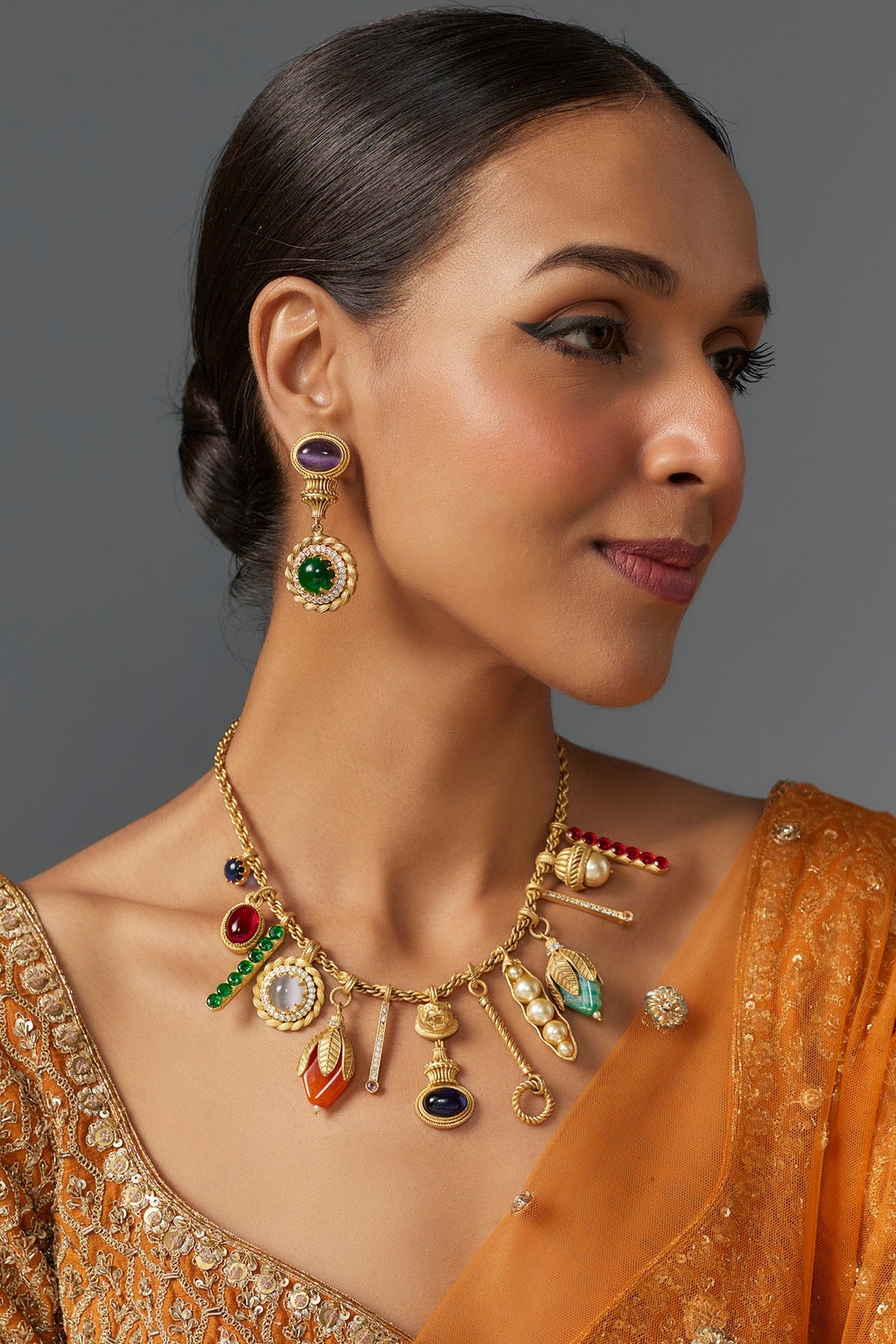 Matte Gold Finish Zircon & Multi-Colored Stone Necklace Set
