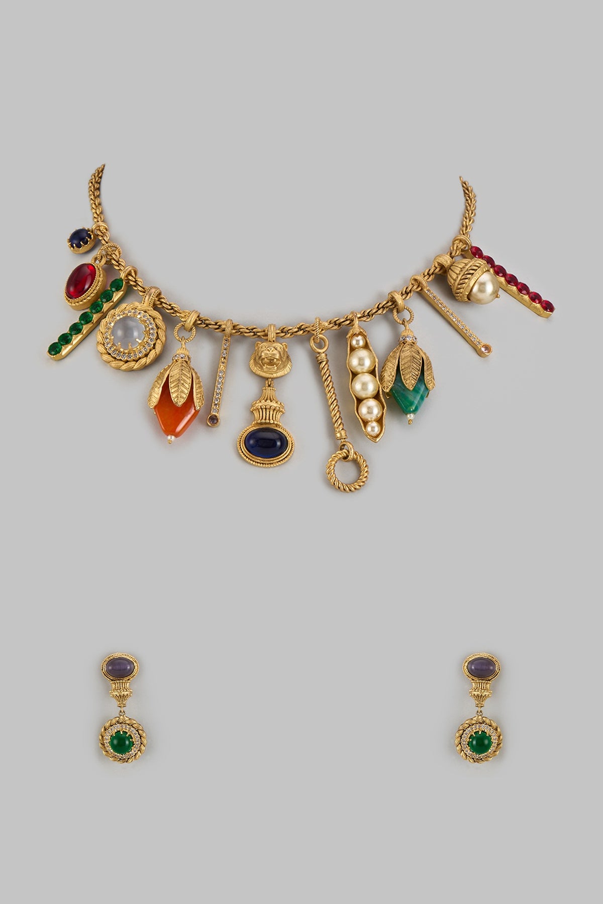 Matte Gold Finish Zircon & Multi-Colored Stone Necklace Set