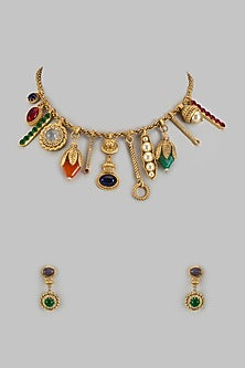 Matte Gold Finish Zircon & Multi-Colored Stone Necklace Set