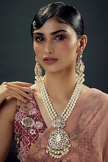 Gold Finish Pearl Long Necklace Set
