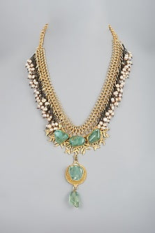 Gold Finish Green Stones Long Necklace
