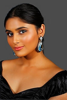 White Finish Blue Crystal & Zircon Enameled Dangler Earrings