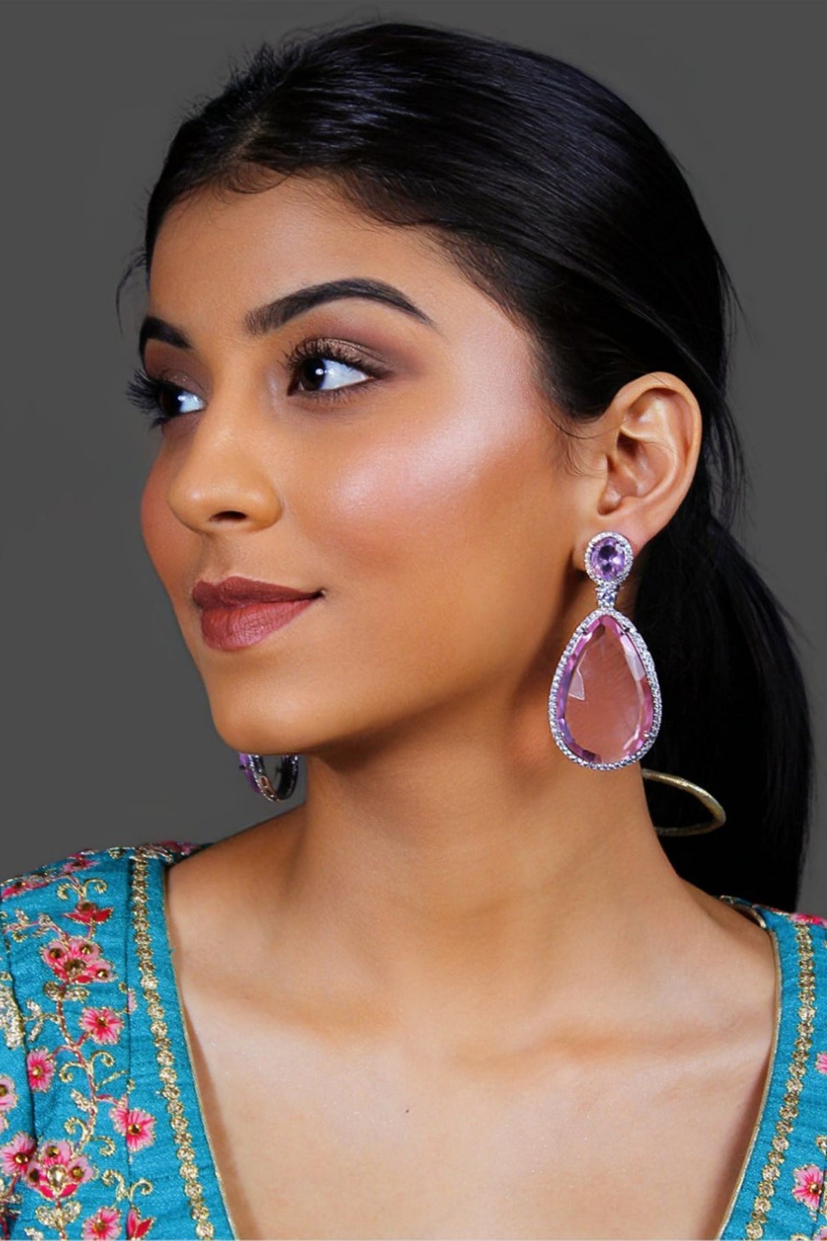 White Finish Pink Synthetic Stone Tear Drop Dangler Earrings