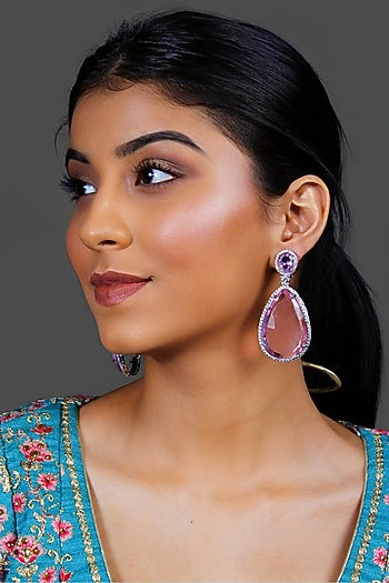 White Finish Pink Synthetic Stone Tear Drop Dangler Earrings