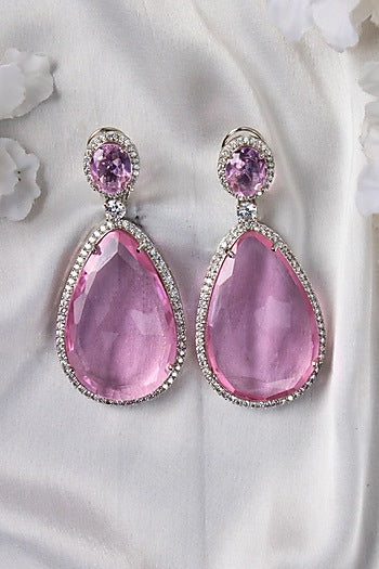 White Finish Pink Synthetic Stone Tear Drop Dangler Earrings
