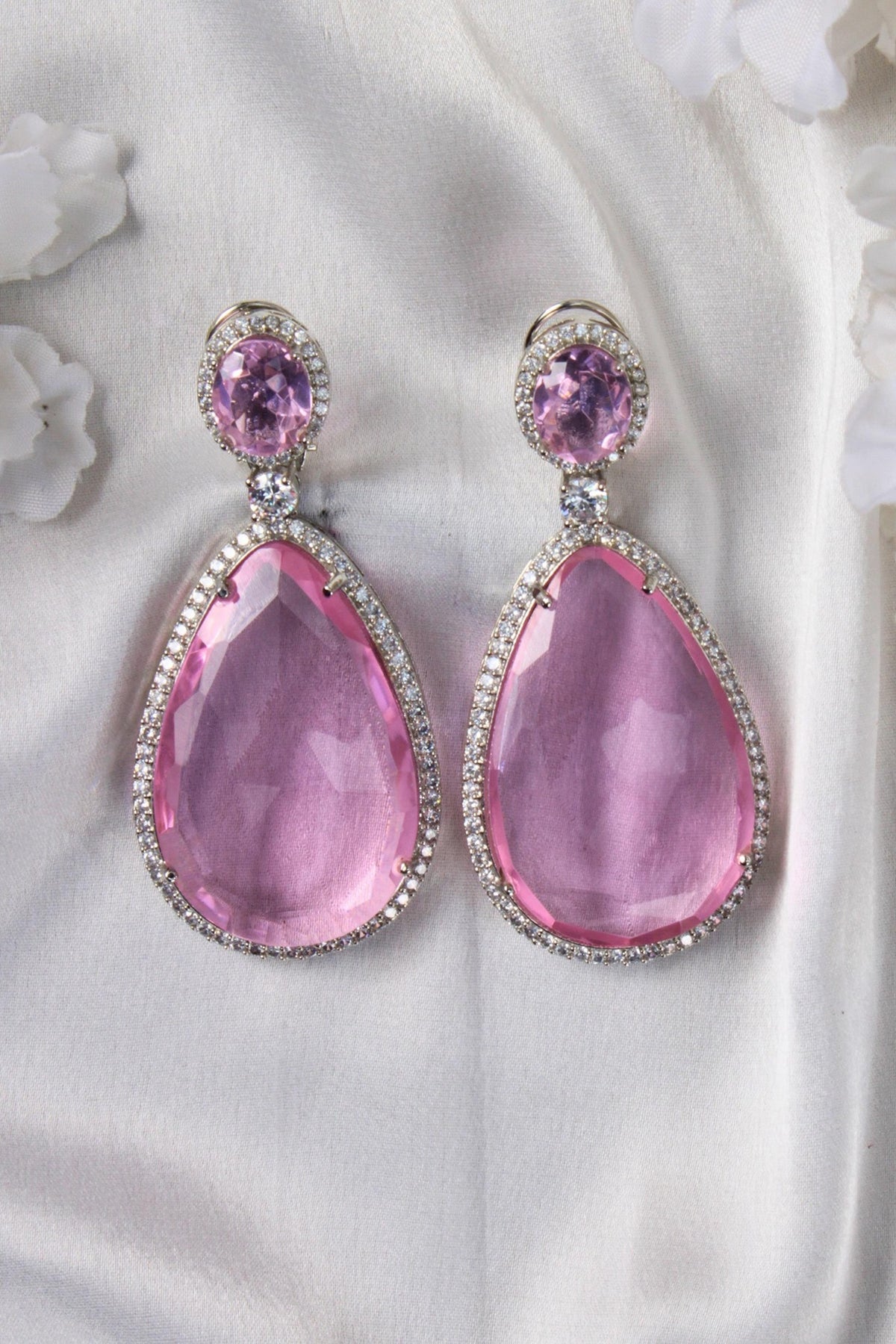 White Finish Pink Synthetic Stone Tear Drop Dangler Earrings
