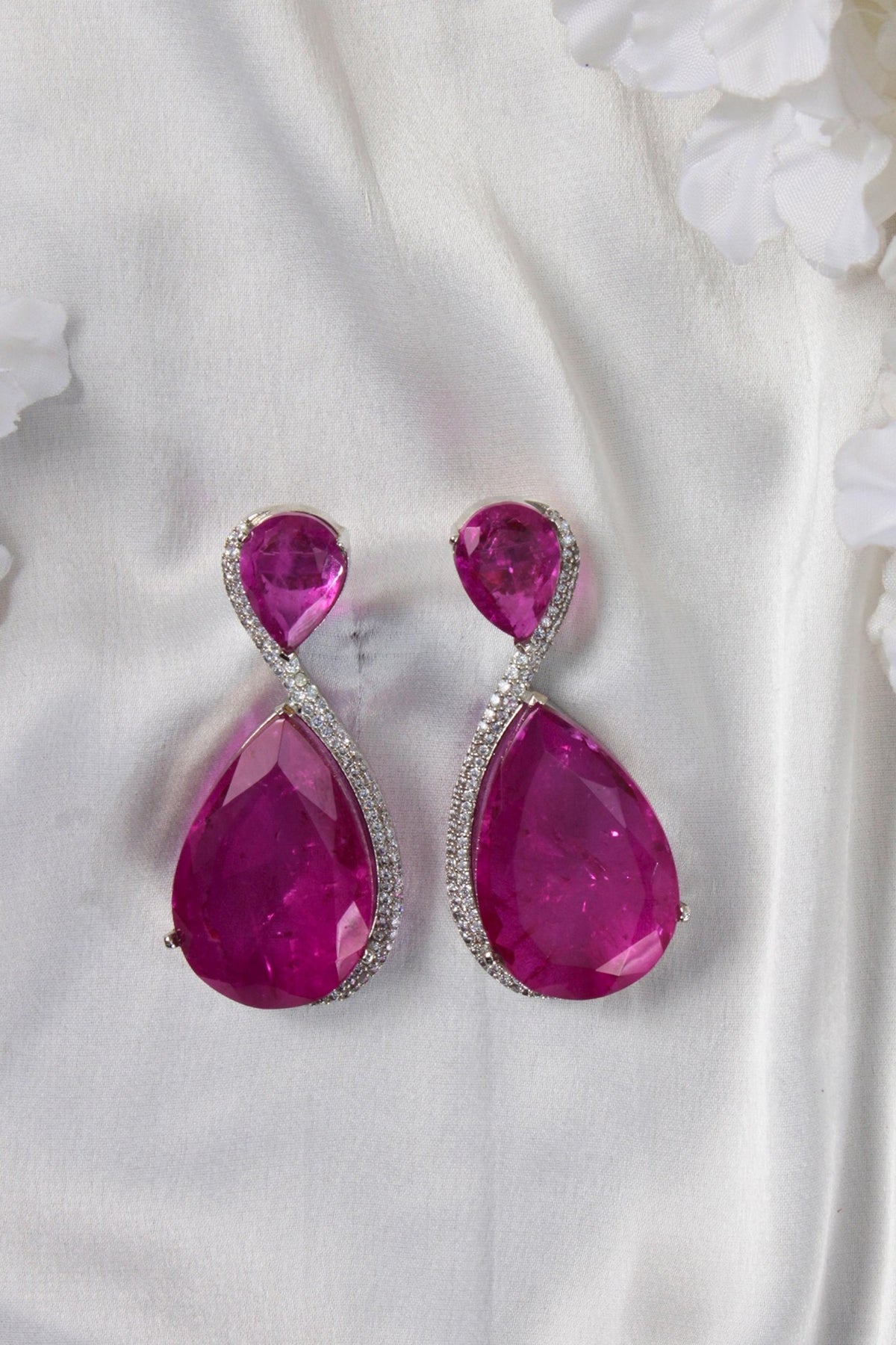 White Finish Pink Doublet Stone Dangler Earrings