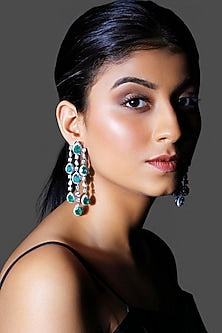White Finish Green Stone & Zircon Dangler Earrings