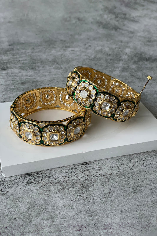 Gold Finish Kundan Polki Bangles (Set of 2)