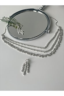 White Finish Zircon Long Layered Necklace Set