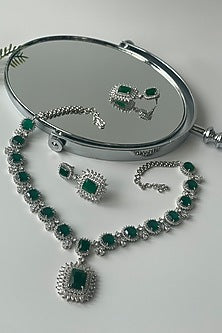 White Finish Zircon & Green Stone Long Necklace Set
