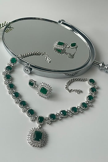 White Finish Zircon & Green Stone Long Necklace Set