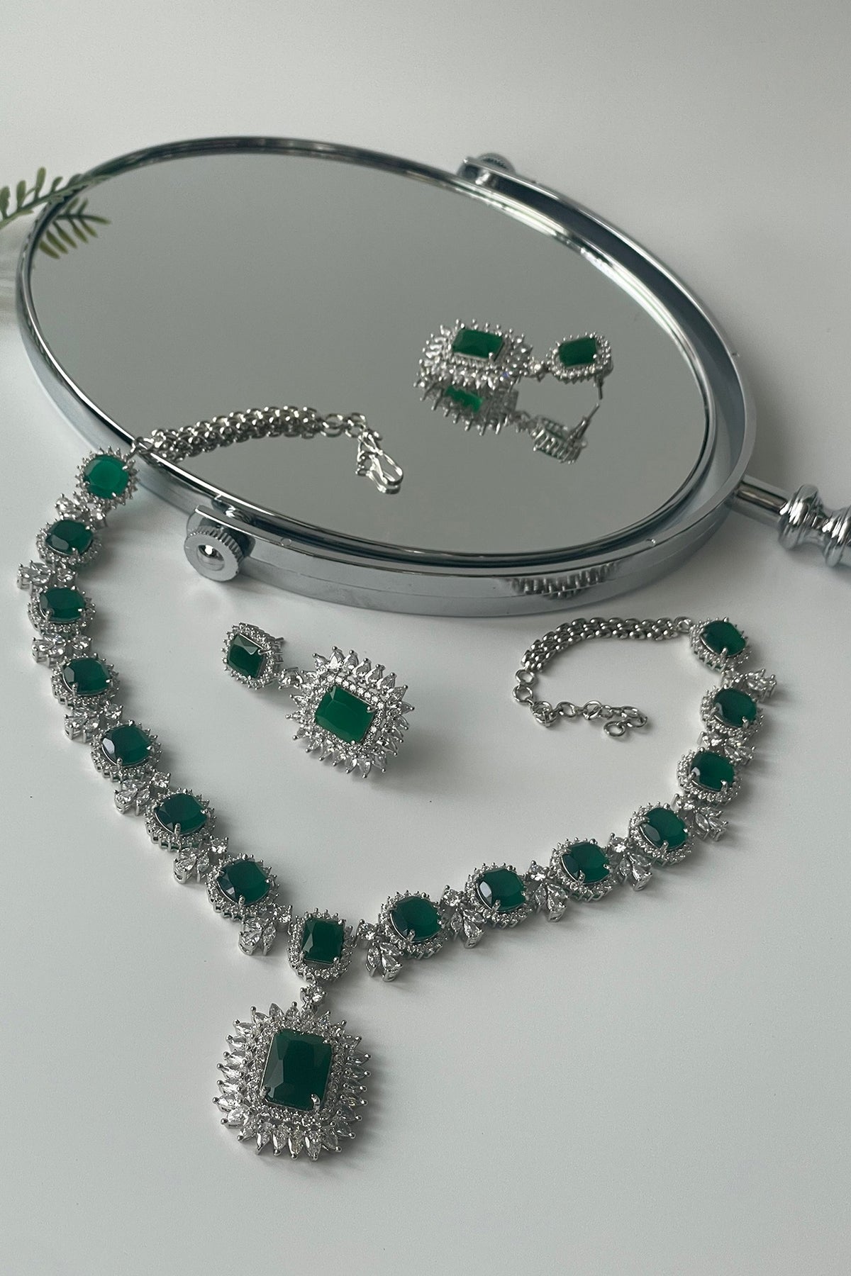 White Finish Zircon & Green Stone Long Necklace Set