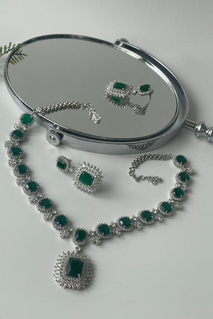 White Finish Zircon & Green Stone Long Necklace Set