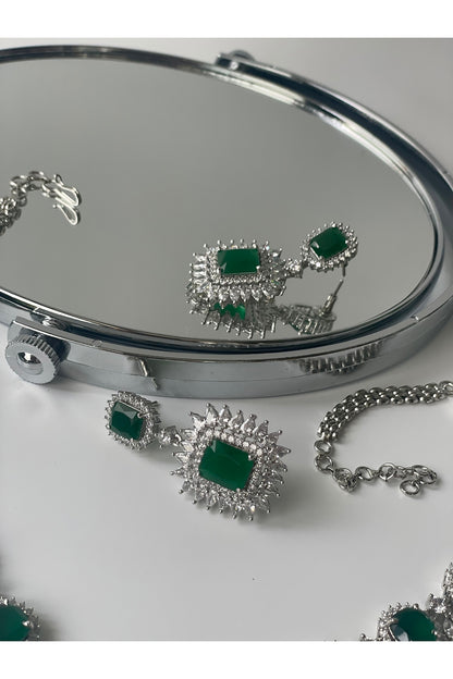White Finish Zircon & Green Stone Long Necklace Set
