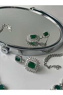 White Finish Zircon & Green Stone Long Necklace Set