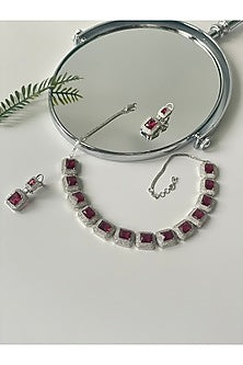 White Finish Zircon & Red Stone Necklace Set
