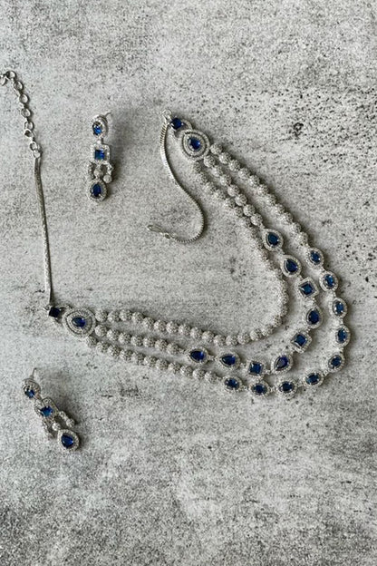 White Finish Zircon & Blue Stone Necklace Set