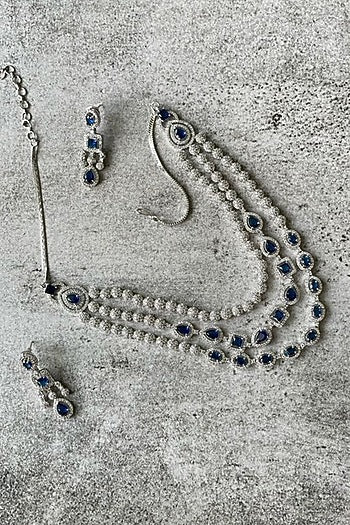 White Finish Zircon & Blue Stone Necklace Set
