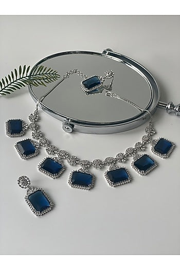 White Finish Zircon & Blue Stone Necklace Set