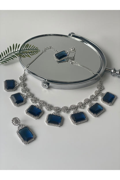 White Finish Zircon & Blue Stone Necklace Set