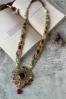 Gold Finish Navratna Stone Long Necklace